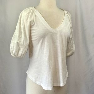 Anthropologie Maeve Embroidered Puff Sleeve V-Neck Top White Size Small